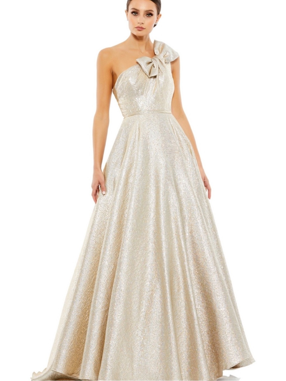 Mac Duggal One-Shoulder Gold Shimmer Ball Gown
